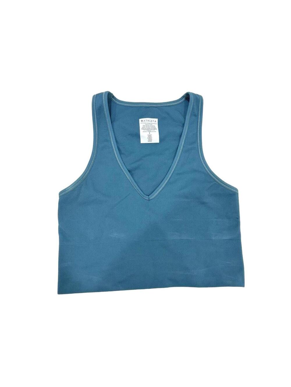 Athleta Aurora Seamless Ribbed Crop Top Tank V-Neck Teal Blue Small - Picture 3 of 6